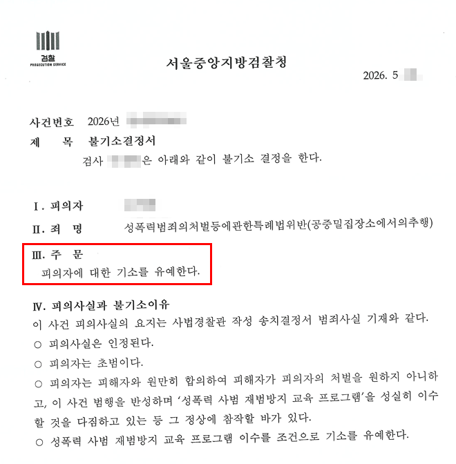 공중밀집장소추행 교육이수조건부 기소유예 처분